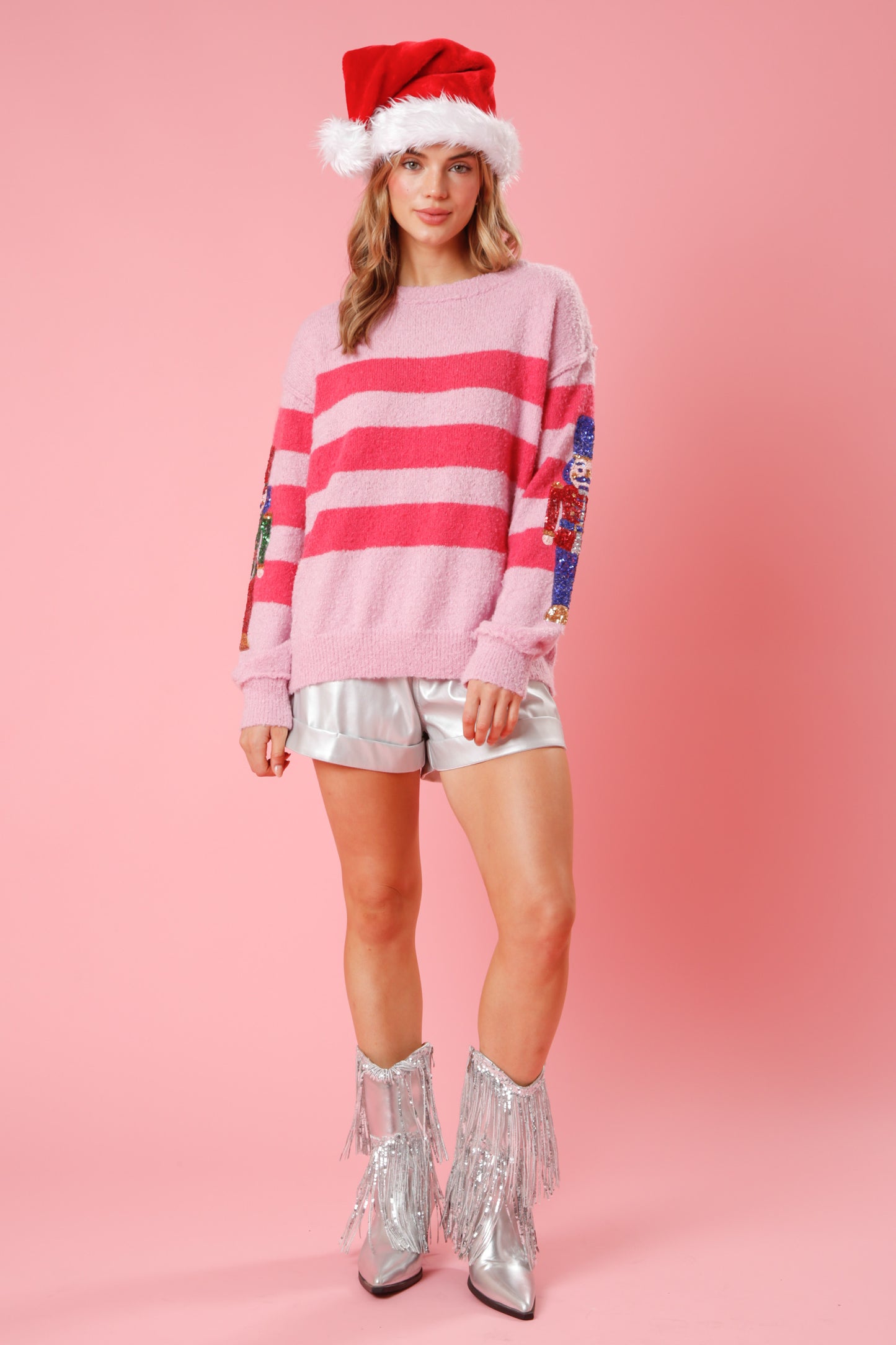 Sequin Nutcracker Sweater in Pink Stripes