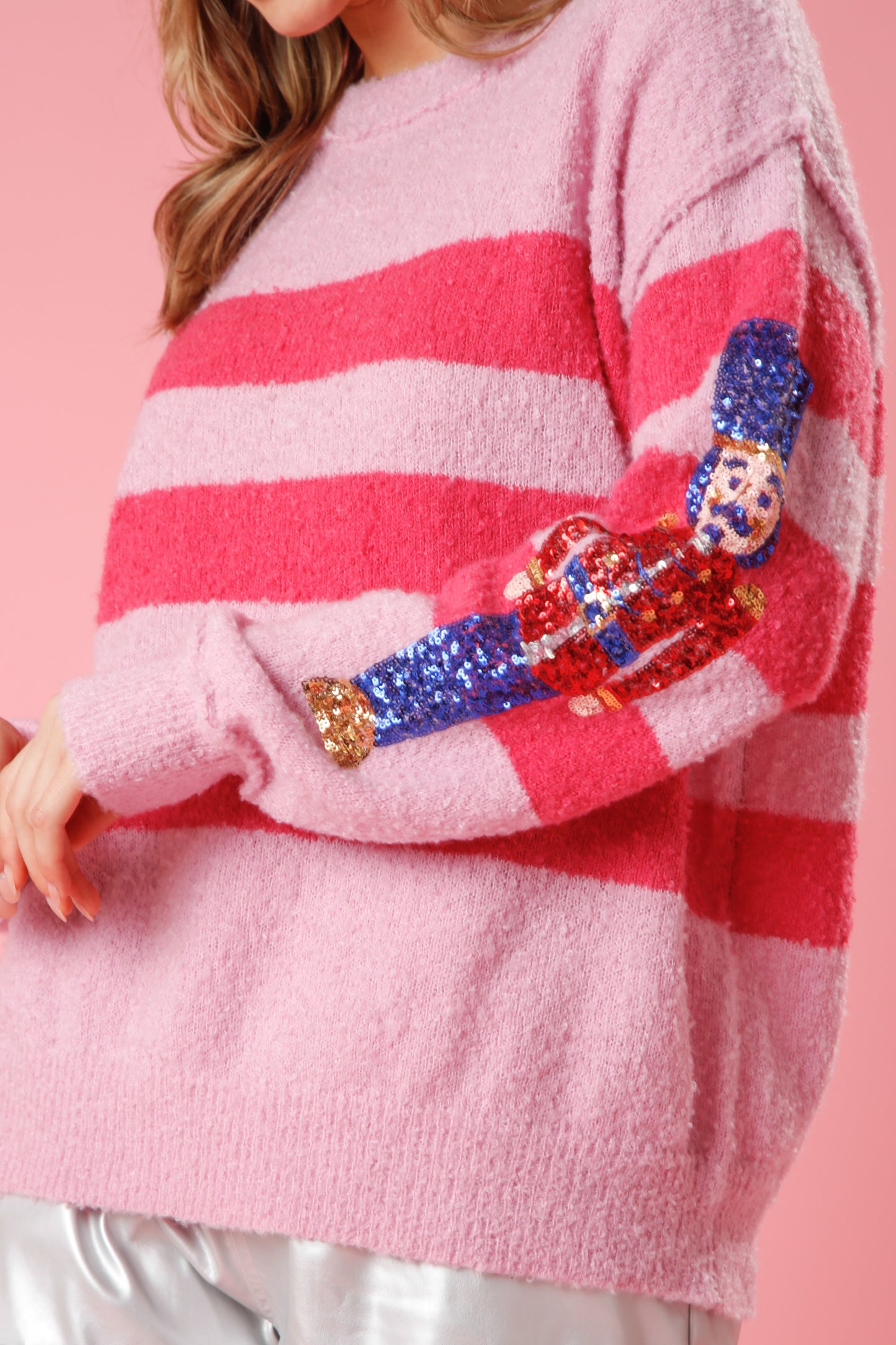 Sequin Nutcracker Sweater in Pink Stripes