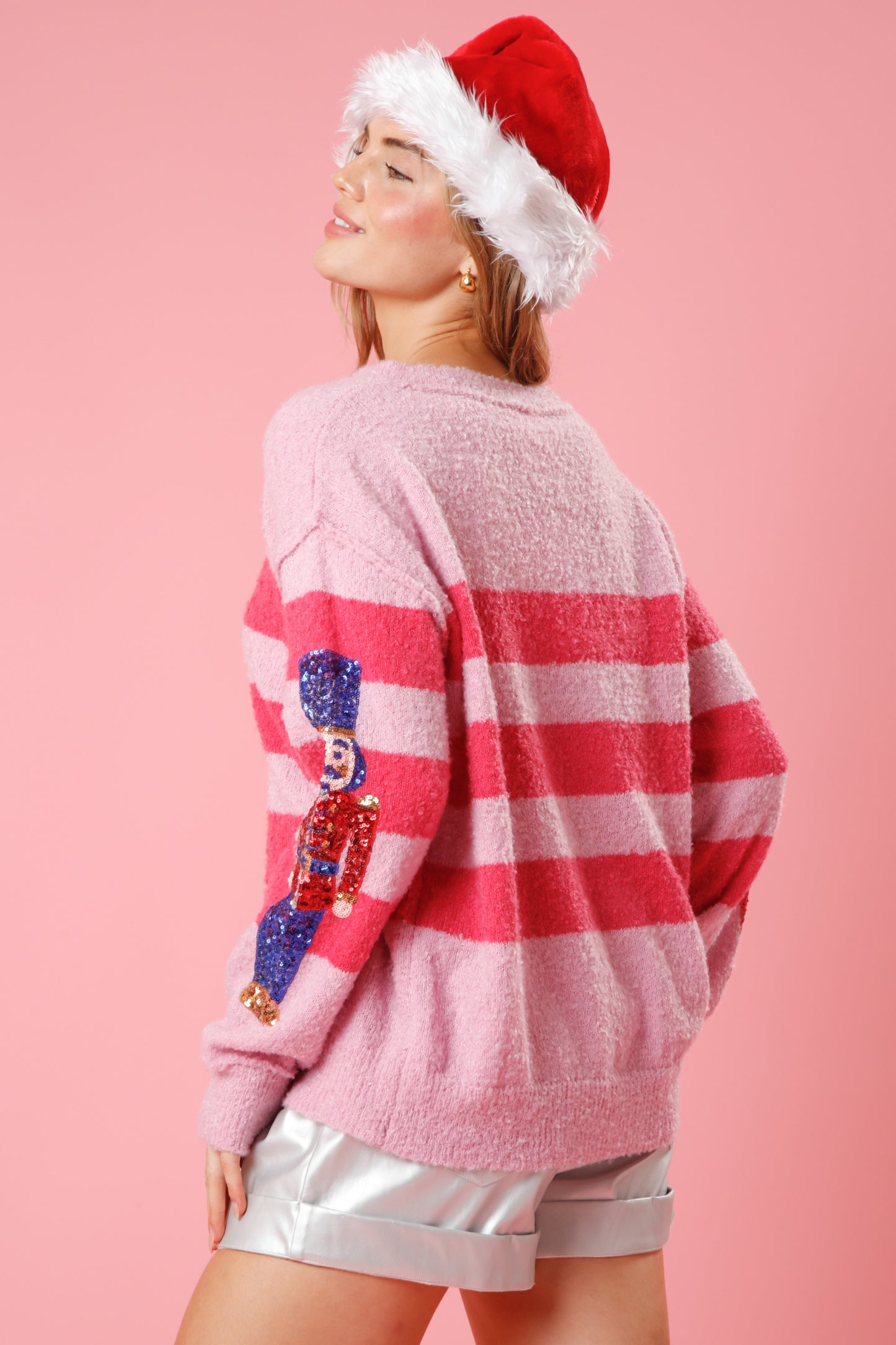 Sequin Nutcracker Sweater in Pink Stripes